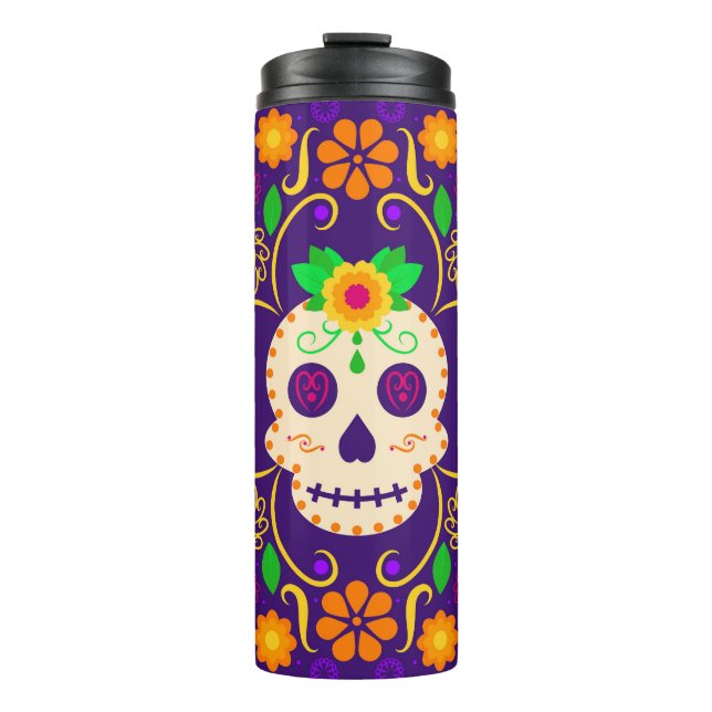 Schöner Schädel mit Blume Día de los Muertos Thermosbecher (Vorderseite)