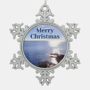 Schöner, schimmernder blauer Ozean Schneeflocken Zinn-Ornament