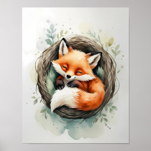 Schöner Schlaffox-Nest Aquarellbilder Poster