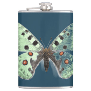 Schöner Schmetterling auf dunkelblauer Flasche Flachmann