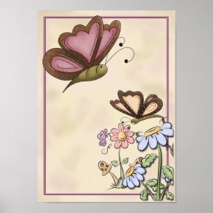 Schöner Schmetterling mit rosa und blauen Blumen Poster