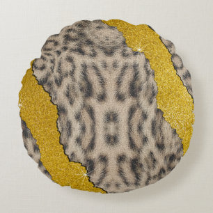Schöner Schneeleoparden-Leder-Tierdruck & Glitter Rundes Kissen