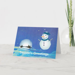 Schöner Schneemann, weiße verschneite Welt - blaue Feiertagskarte