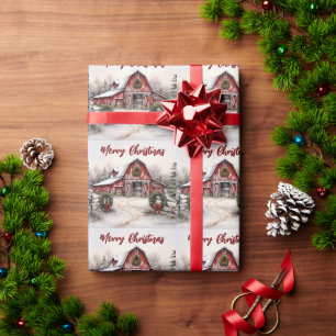 Schöner SchneeWinter Rustikaler Roter Barn Weihnac Geschenkpapier