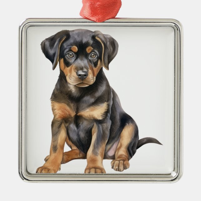 SCHÖNER SCHWARZ & TAN ROTTWEILER PUPPENHUND ORNAMENT AUS METALL (Vorne)