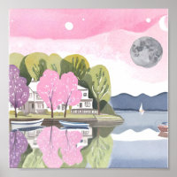Schöner See am Haus mit Vollmond-Rosa