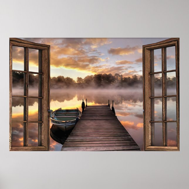 Schöner See durch Fenster mit Schiff horizontal Poster (Vorne)