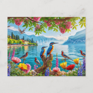 Schöner See mit Vögeln und Blume Malerei Postkarte