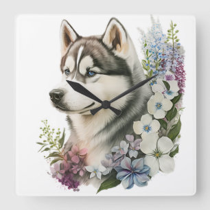 SCHÖNER SIBERISCHER HUSKY MIT BLUME QUADRATISCHE WANDUHR