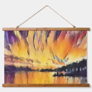 Schöner Sonnenaufgang als Aquarell-Design hängt an Wandteppich Mit Holzrahmen
