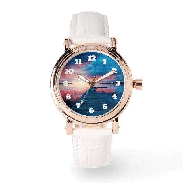 Schöner Sonnenuntergang am ruhigen See Armbanduhr (Vorderseite)