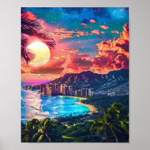 Schöner Sonnenuntergang am Strand von Hawaiian Poster