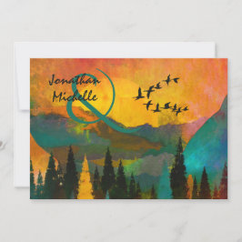 Schöner Sonnenuntergang, Bäume und Vögel Hochzeit Einladung