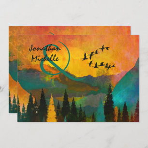 Schöner Sonnenuntergang, Bäume und Vögel Hochzeit Einladung