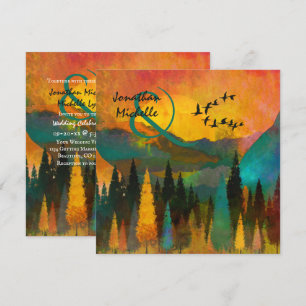 Schöner Sonnenuntergang, Bäume und Vögel Hochzeit Einladung