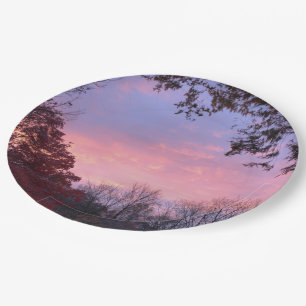 Schöner Sonnenuntergang über Bäumen Pappteller