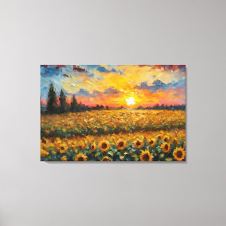Schöner Sonnenuntergang über dem Sonnenblumenfeld Leinwanddruck