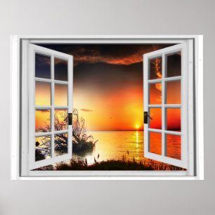 Schöner Sonnenuntergangsblick Falsches Fenster Poster