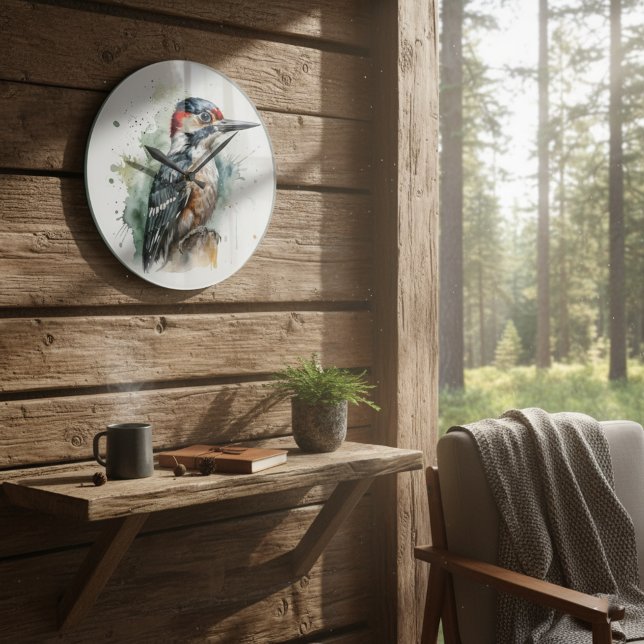 Schöner Spechte auf einem Holzpfahl Große Wanduhr (Von Creator hochgeladen)