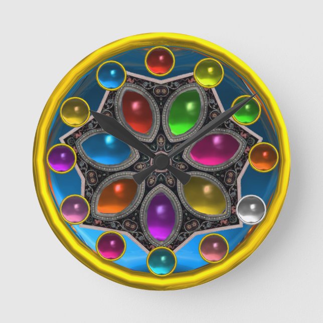 SCHÖNER STAR MIT FARBEN GEMSTONEN Gold Blue Runde Wanduhr (Vorderseite)