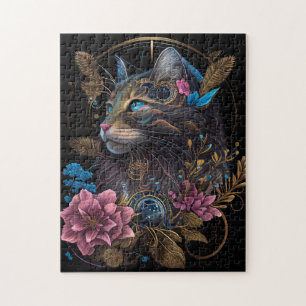 Schöner Steampunk Maine Coon mit Blume KI Art Puzzle