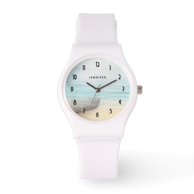 Schöner Strand mit Rowboat & Fishing Net Armbanduhr (Vorderseite)