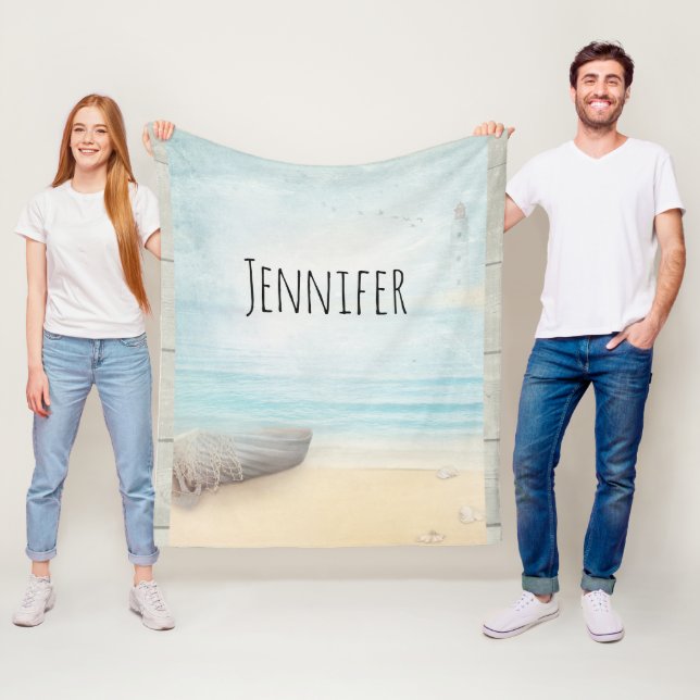 Schöner Strand mit Rowboat & Fishing Net Fleecedecke (Beispiel)