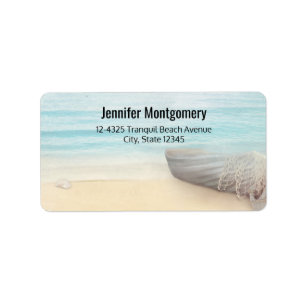 Schöner Strand mit Rowboat & Fishing Net La Adressaufkleber