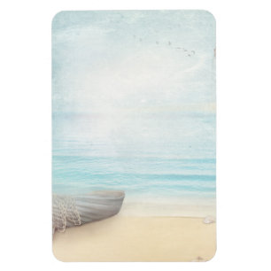 Schöner Strand mit Rowboat & Fishing Net Magnet