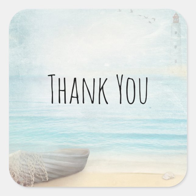 Schöner Strand mit Rowboat & Fishing Net Quadratischer Aufkleber (Vorderseite)