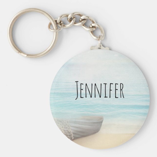 Schöner Strand mit Rowboat & Fishing Net Schlüsselanhänger (Vorne)