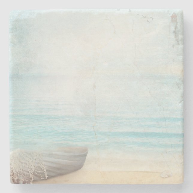 Schöner Strand mit Rowboat & Fishing Net Steinuntersetzer (Vorderseite)