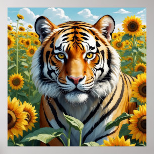 Schöner Tiger auf dem Sonnenblumenfeld Poster