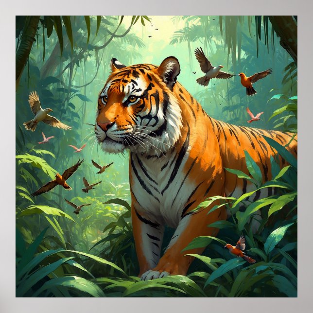 Schöner Tiger mit Vögeln im Dschungel Poster (Vorne)