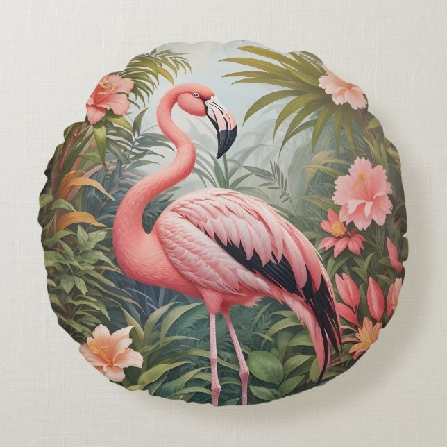 Schöner tropischer Flamingo Bird Rundes Kissen (Vorderseite)