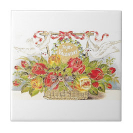 Schöner Vintager Valentine-Tauben-u. Rosen-Korb Fliese