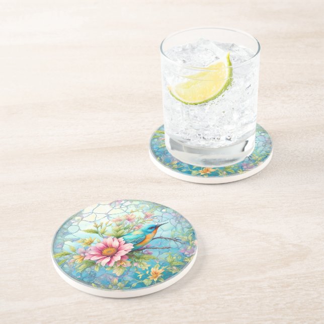 Schöner Vogel unter den Blume Getränkeuntersetzer (Seite)