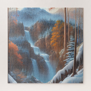 Schöner Wasserfall im Schneewald Puzzle