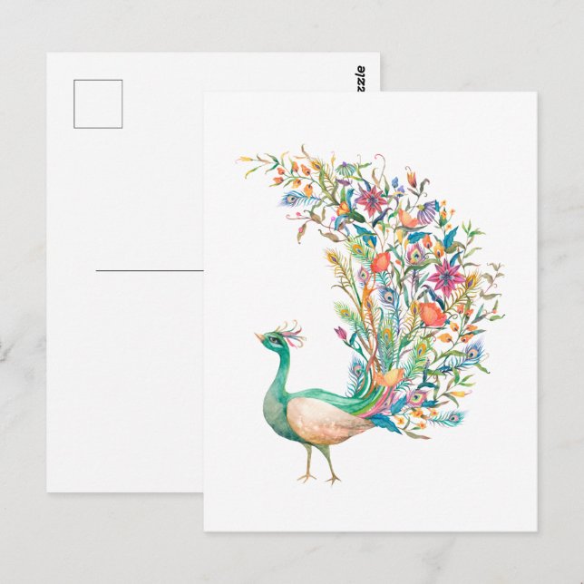 Schöner Wasserfarben-Grünpfau Postkarte (Vorne/Hinten)