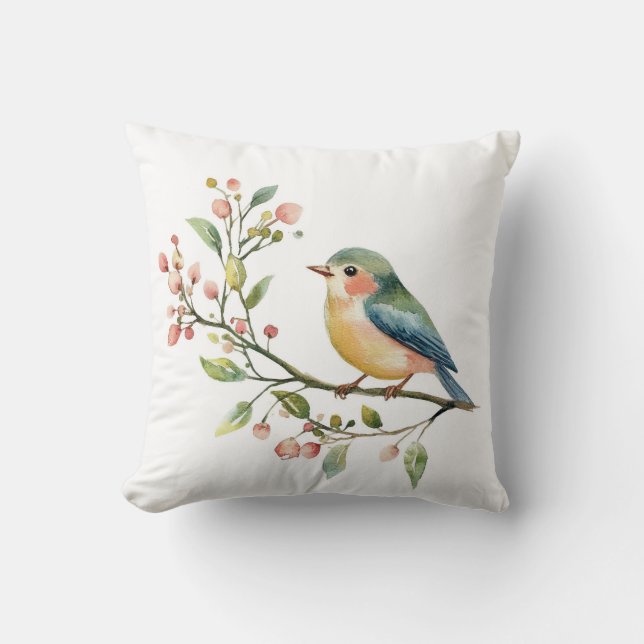 Schöner Wasserfarben-Vogel Kissen (Vorderseite)