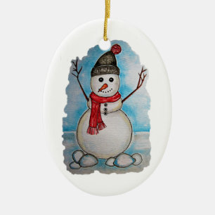 Schöner Wasserfarbenschneemann mit Schal und Hut Keramik Ornament