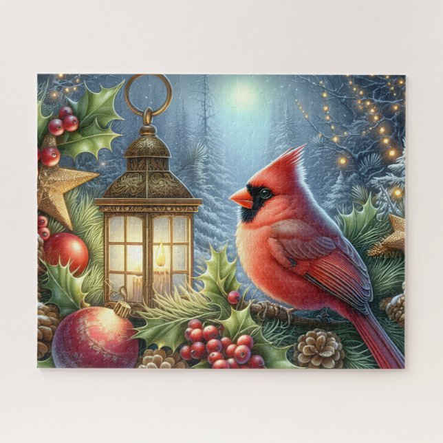 Schöner Weihnachtskardinal mit Laterne Puzzle (Horizontal)