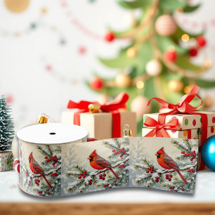 Schöner Weihnachtskardinal und Kiefernzweige Ripsband