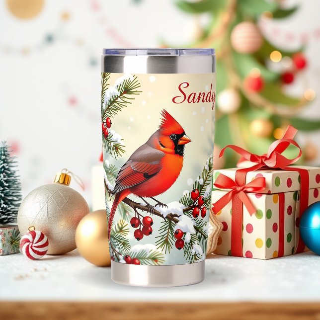 Schöner Weihnachtskardinal und Kiefernzweige Thermobecher (Von Creator hochgeladen)