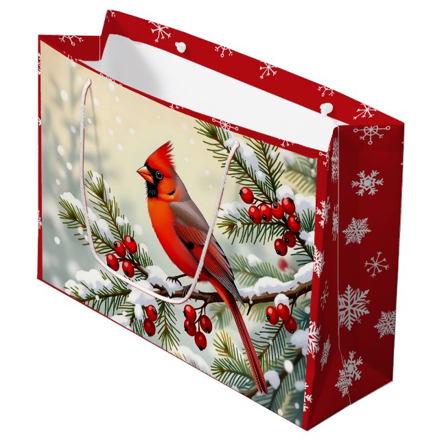 Schöner Weihnachtskardinal und Schneeflocken Weihn Große Geschenktüte (Vorderseite Schrägansicht)