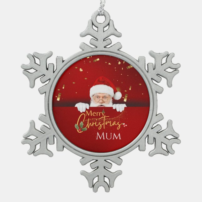 Schöner Weihnachtsmann Frohe Weihnachtsstext Custo Schneeflocken Zinn-Ornament (Vorderseite)
