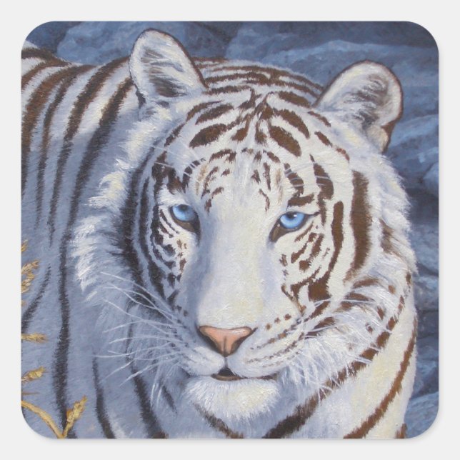 Schöner weißer Tiger mit kristallblauen Augen Quadratischer Aufkleber (Vorderseite)