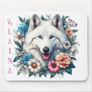 Schöner Weißer Wolf mit Blume Mousepad