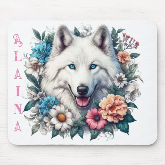 Schöner Weißer Wolf mit Blume Mousepad (Vorne)