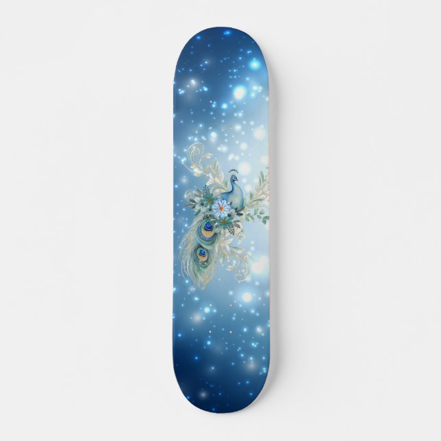 Schöner Winter Blue Floral Peacock Skateboard (Vorne)